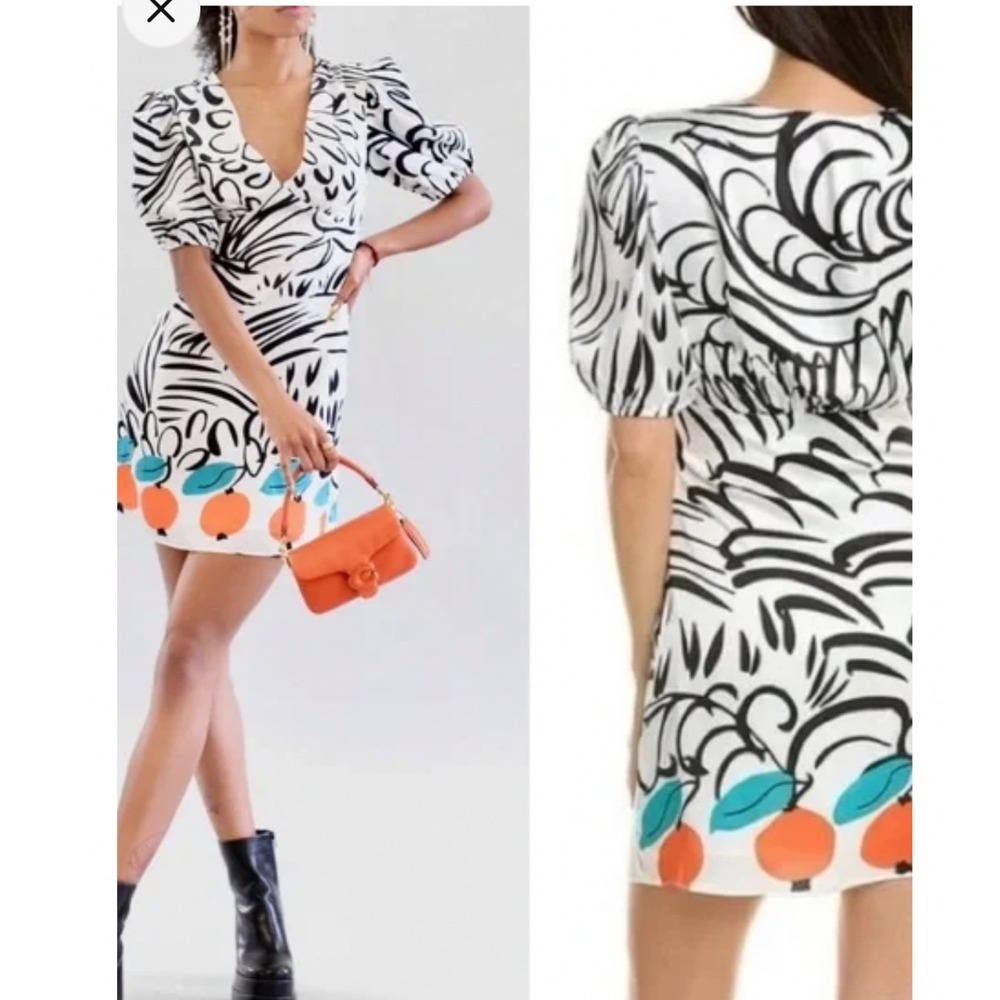 Staud Mini Milla Dress White Citrus Scarf Print V-Neck Puff Sleeve Size 8 NEW - Picture 9 of 9